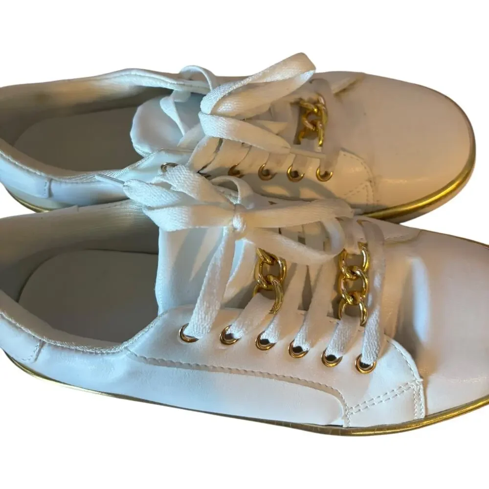 White Women's Lace up Sneakers Size 40 Gold Accents